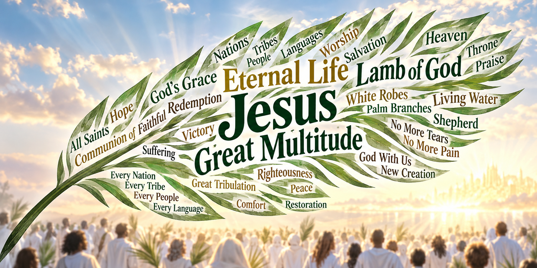Revelation 7:9&ndash;17 Bible study word cloud shaped like a palm branch, featuring thirty words that reflect the great multitude, the Lamb, God's grace, and the promise of eternal life.