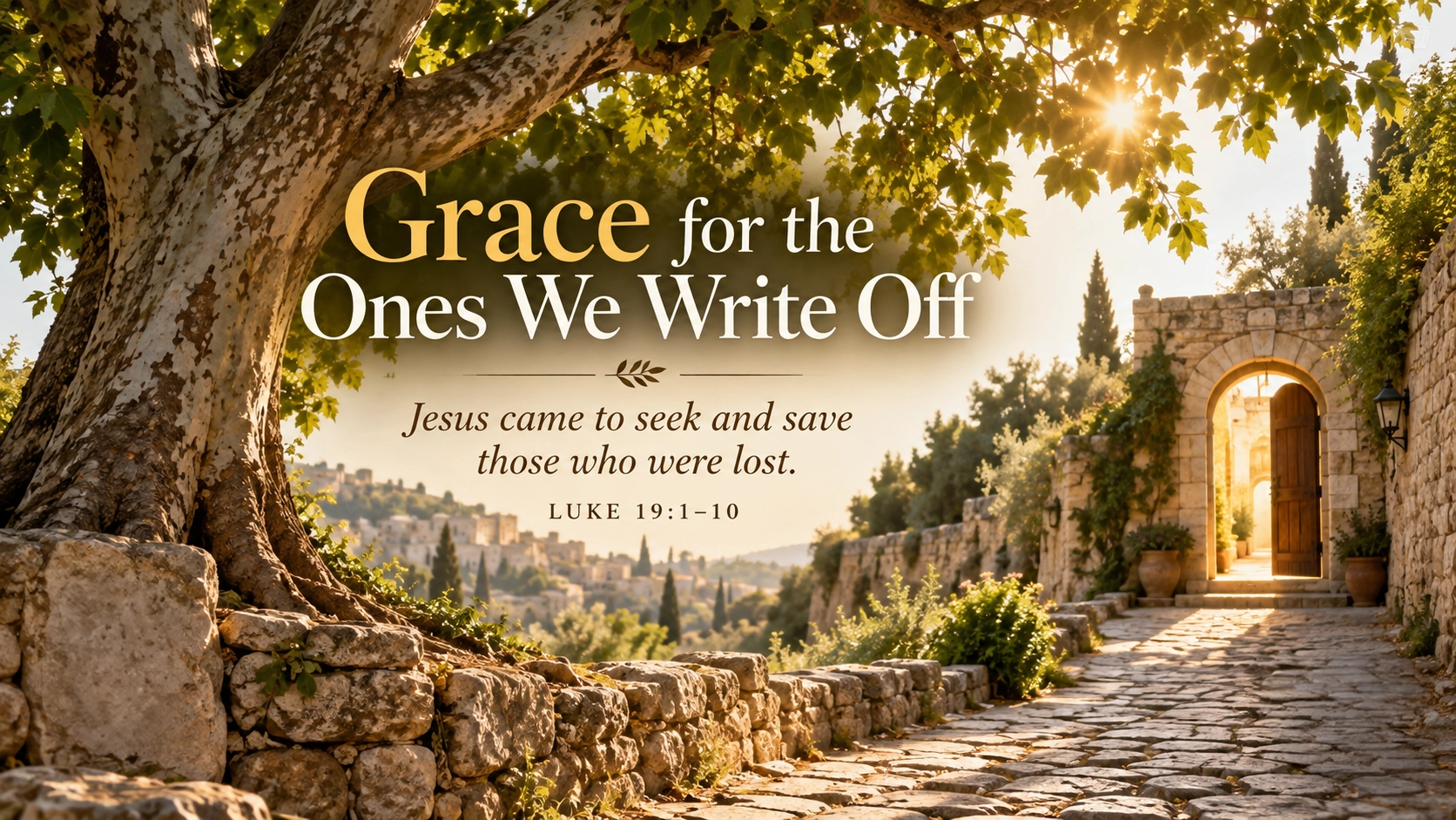 A wide, photo-realistic image of a large sycamore tree beside an old stone road in warm afternoon light, with a welcoming open doorway visible in the distance. The image includes the title Grace for the Ones We Write Off and the visible paraphrase: &ldquo;Jesus came to seek and save those who were lost.&rdquo;
