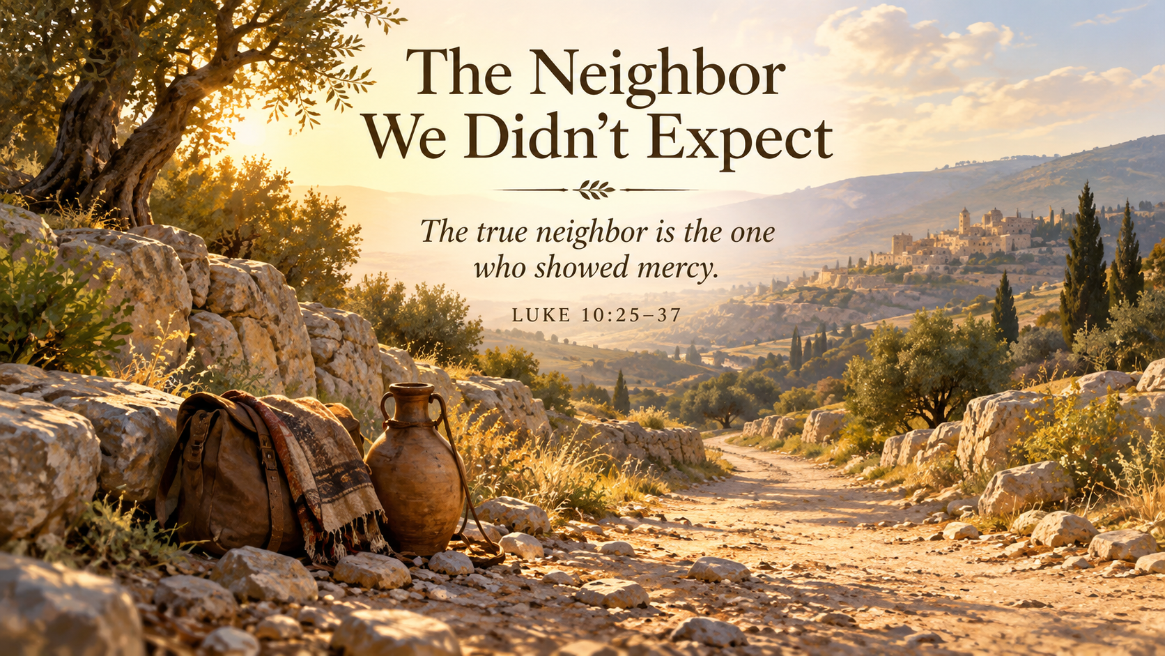 Wide 16:9 painterly landscape showing a quiet ancient road winding through rocky hills, with a small traveling bag and a water vessel resting beside the roadside. Warm sunlight falls across the path, suggesting compassion in an unexpected place. Include the visible title "The Neighbor We Didn't Expect," the Scripture paraphrase "The true neighbor is the one who showed mercy," and "Luke 10:25&ndash;37."